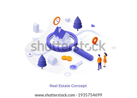 Conceptual template with couple standing at house on giant magnifier. Scene for search for real estate, home to buy, property for sale. Modern isometric vector illustration for online service.