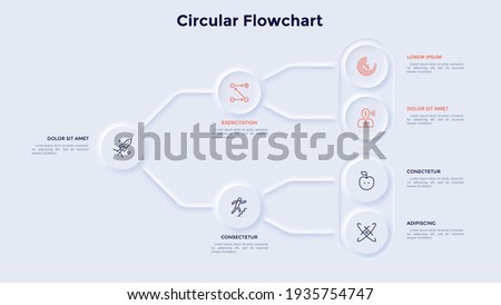 Flowchart or hierarchy diagram with circular elements. Concept of business project structure visualization. Neumorphic infographic design template. Modern clean vector illustration for presentation.