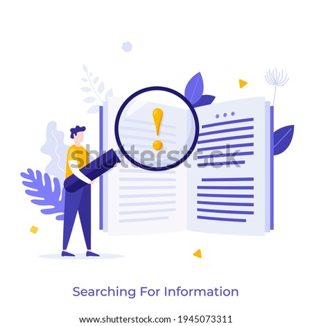Person looking at text through magnifying glass with exclamation mark inside. Concept of search for information, data investigation, user guide reading. Modern flat colorful vector illustration.