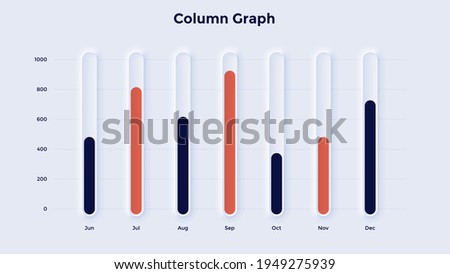 Comparison diagram with columns and month indication. Concept of monthly company sales or earnings levels. Neumorphic infographic design template. Modern clean vector illustration for presentation.