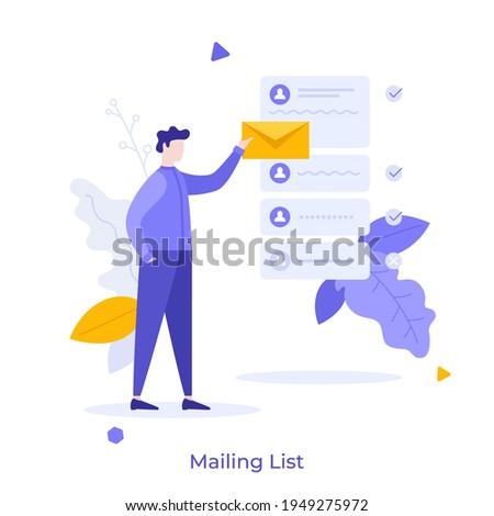 Person holding letter in envelope to send. Concept of mailing list, emails or electronic addresses for communication, correspondence, newsletters. Modern flat colorful vector illustration for banner.