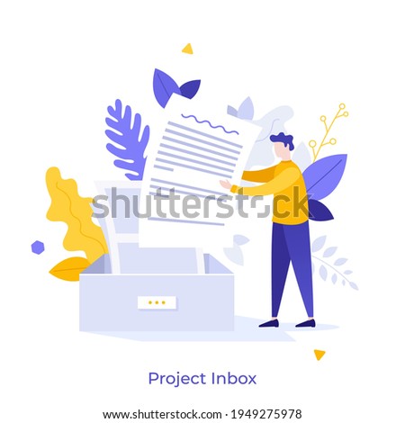 Man putting letter or mail into box. Concept of business project inbox, mailbox, email, electronic address for communication or correspondence. Modern flat colorful vector illustration for banner.