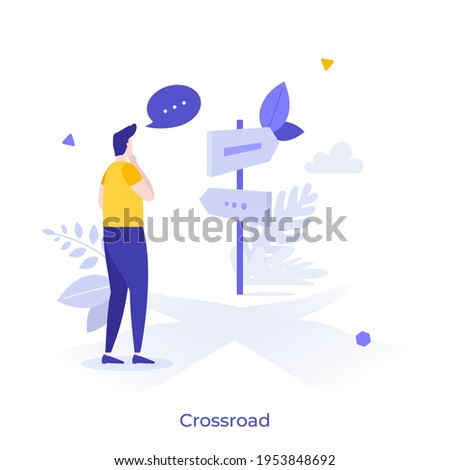 Person standing at crossroad and looking at road guide post. Concept of finding right direction, way or route in business, making choice or decision. Modern flat vector illustration for banner. Foto stock © 