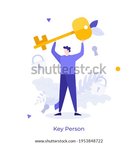 Man holding golden key. Concept of key person or specialist, keyman, leader with important skill, successful businessman, entrepreneur. Modern flat colorful vector illustration for poster, banner. 商業照片 © 