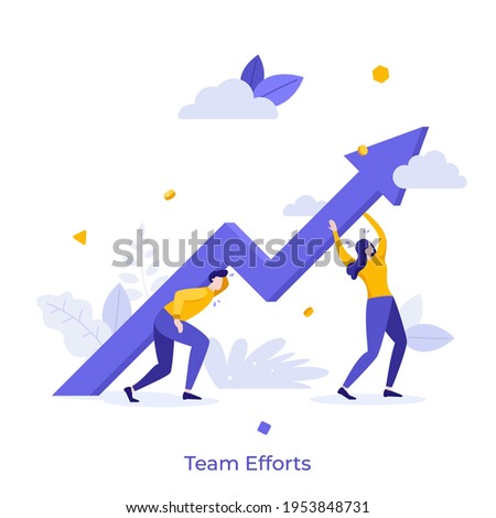 Man and woman carrying ascending arrow chart together. Concept of team effort, teamwork, collective work for progress, development and growth of company. Modern flat vector illustration for poster.