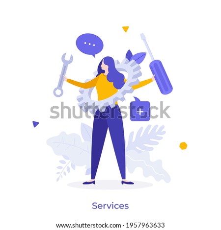 Woman holding wrench, screwdriver and gear wheel. Concept of technical service, mechanical repair, maintenance work, professional support, help or assistance. Modern flat colorful vector illustration.