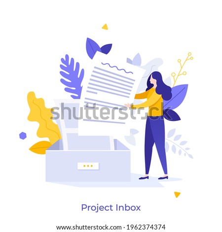 Woman putting letter or mail into box. Concept of business project inbox, mailbox, email, electronic address for communication or correspondence. Modern flat colorful vector illustration for banner.