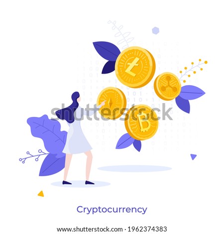 Woman pointing at various golden crypto coins. Concept of cryptocurrencies, bitcoin and altcoins, digital currencies based on blockchain technology. Modern flat colorful vector illustration for poster