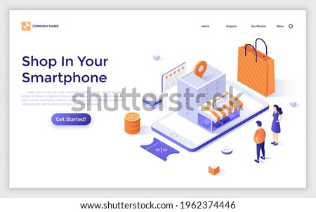 Landing page template with customers looking at store building on smartphone screen. Concept of mobile application for internet shopping, buying goods online. Modern isometric vector illustration.