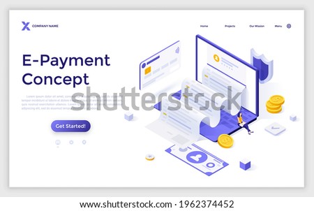 Landing page template with invoice coming out of slot in laptop computer screen. Concept of electronic payment, digital receipt, online banking. Modern isometric vector illustration for website.