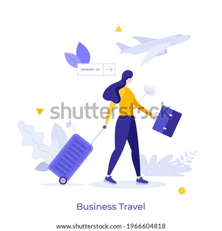 Businesswoman or entrepreneur carrying suitcase hurries to board departing aircraft. Concept of business travel or tourism, work in trip. Modern flat colorful vector illustration for banner, poster.