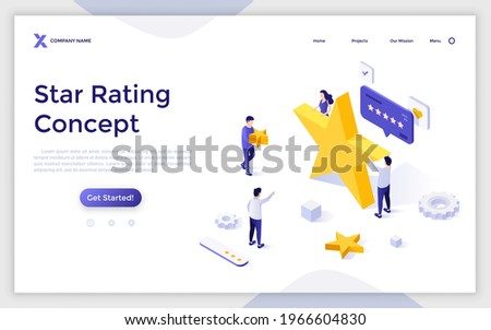 Landing page template with group of people and golden stars. Concept of quality ranking, excellent rating score, positive review, user feedback. Modern isometric vector illustration for website.