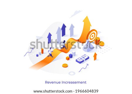 Conceptual template with people running along ascending arrow chart and money. Increase in revenue scene, profit growth, business development. Modern isometric vector illustration for website.