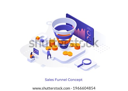 Conceptual template with people in front of screen with indicators, coins, magnet, magnifier. Scene for sales or purchase funnel, marketing model. Modern isometric vector illustration for webpage.