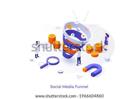 Conceptual template with people, coins, magnifier, magnet. Scene for social media sales funnel, SMM, marketing strategy to attract customers. Modern isometric vector illustration for website.