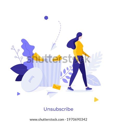 Woman and trash can full of letters. Concept of unsubscribing from email newsletters, spam collection, removal of subscriber from mailing list. Modern flat colorful vector illustration for banner.