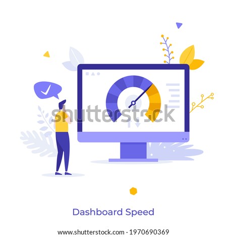 Man looking at computer display with scale on screen. Concept of online dashboard or tool with speed indicator, internet performance test. Modern flat colorful vector illustration for banner, poster.