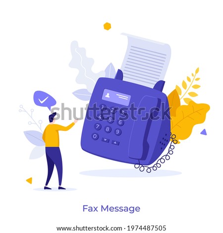 Guy looking at fax machine printing paper document. Concept of office device for receiving or sending messages, communication technology. Modern flat colorful vector illustration for poster, banner.