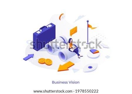 Conceptual template with woman sitting on giant binoculars and working on laptop. Scene for business vision, view of company's development direction. Isometric vector illustration for website.