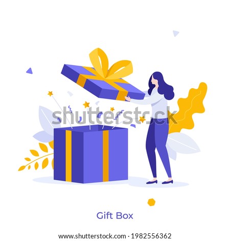 Woman opening gift box and looking at festive confetti thrown out of it. Concept of birthday present, holiday greetings, surprise party. Modern flat colorful vector illustration for banner, poster.