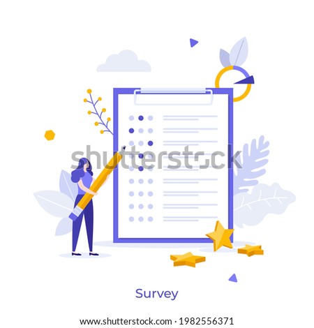 Woman with pencil filling in paper form or asking questions in questionnaire. Concept of public survey, customer review, rating or score, consumer's opinion, market research. Flat vector illustration.