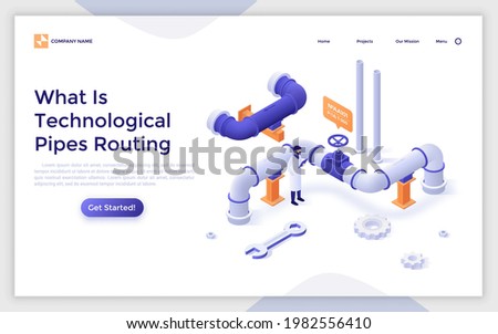 Landing page template with engineer controlling work of sewerage, drainage system. Concept of industrial pipeline, pipe routing, plumbing engineering. Modern isometric vector illustration for webpage.