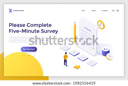 Landing page template with man filling in form or answering questions. Concept of completing online survey, customer review, consumer's opinion. Modern isometric vector illustration for webpage.