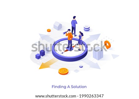 Conceptual template with people standing on compass and looking through spotting scope. Scene for search for right direction of business development. Isometric vector illustration for website.