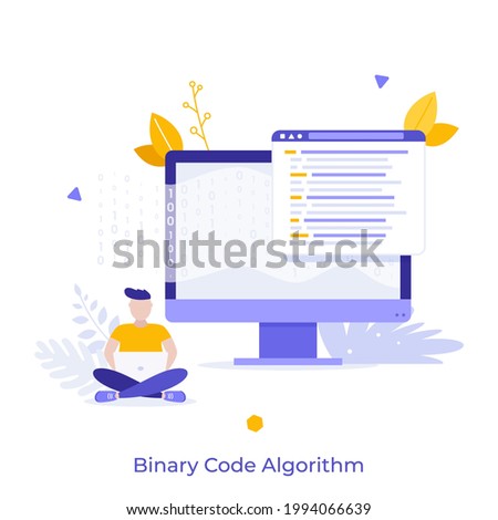 Man sitting cross-legged and working on laptop, computer display, zero and one symbols. Concept of binary code algorithm, encoding data, software development. Flat vector illustration for banner. Stock foto © 