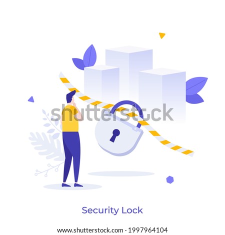 Man looking at blocks surrounded by striped safety ribbon and padlock. Concept of security lock, restricted area, access to secure data, protection of information. Flat vector illustration for banner.