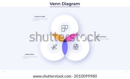 Venn diagram with three intersected circles. Concept of intersection 3 business fields or areas. Simple infographic design template. Modern flat vector illustration for statistical data visualization.