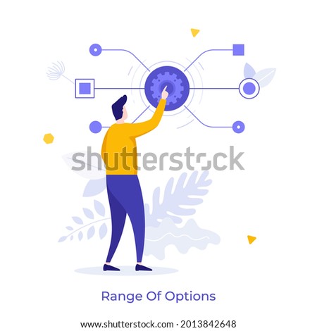 Man pushing gearwheel button and looking at dropdown menu. Concept of range of options, choosing between different features, selection of alternatives. Modern flat vector illustration for banner.