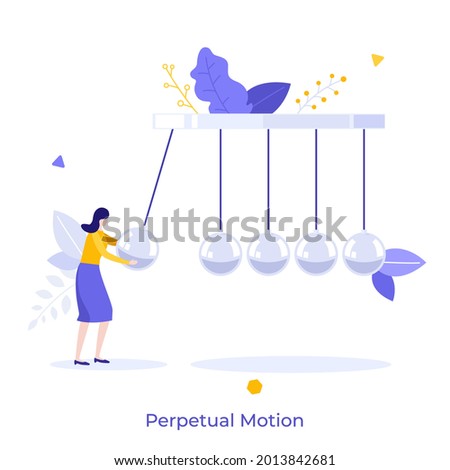 Woman using Newton's cradle or pendulum with swinging spheres. Concept of perpetual motion machine, kinetic energy, conservation of momentum. Modern flat vector illustration for banner, poster. Foto d'archivio © 