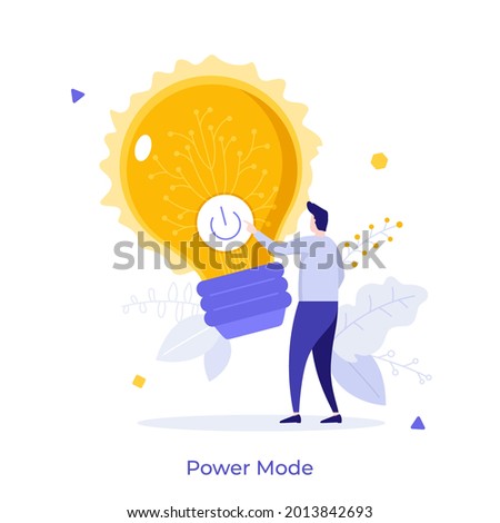 Man pressing button on glowing lightbulb. Concept of power mode, flow of energy, release of new idea, insight, creation of innovative project. Modern flat vector illustration for banner, poster.