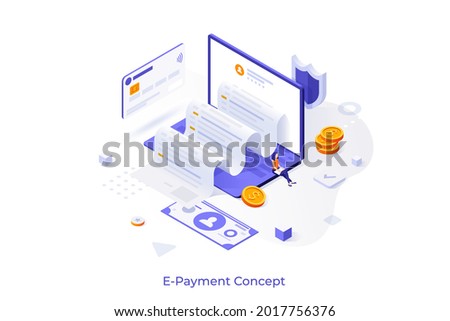 Conceptual template with invoice coming out of slot in laptop computer screen. Scene electronic payment, digital receipt, online banking. Modern isometric vector illustration for website.
