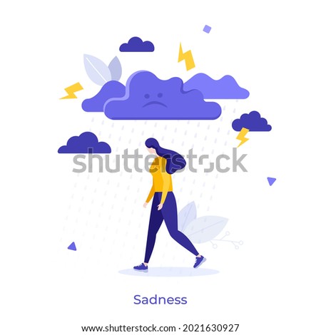 Sad woman walking under rain. Concept of sadness, negative thoughts or emotions, bad mood, depression, stress, feeling of grief, misery, suffering. Modern flat vector illustration for banner, poster. Сток-фото © 