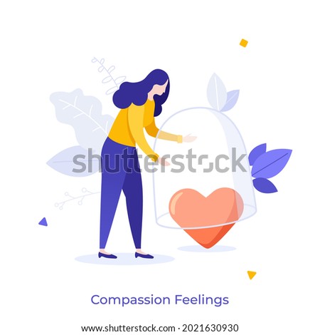 Woman covering heart with glass dome. Concept of compassion feelings, loving-kindness, empathy or sympathy, mercy, pity, care or protection. Modern flat colorful vector illustration for poster, banner Foto d'archivio © 