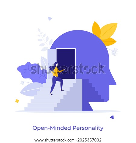Woman ascending stairs and entering door to giant head. Concept of open-minded personality, entrance to human unconscious or subconscious mind. Modern flat vector illustration for banner, poster.