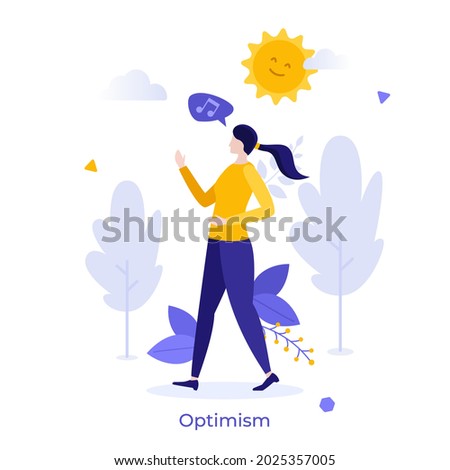 Happy woman walking and singing. Concept of optimism, feeling of happiness, positive thoughts or emotions, good mood, optimistic point of view. Modern flat vector illustration for banner, poster.