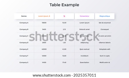 Modern table with columns and rows. Concept of structured organizational chart for corporate planning. Minimal infographic design template. Modern flat vector illustration for business presentation.
