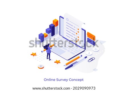 Conceptual template with woman filling in questionnaire on laptop computer screen. Scene for internet service for creation of public survey, statistical research. Isometric vector illustration.