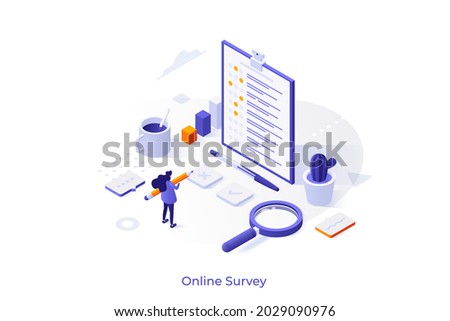 Conceptual template with woman filling in form or answering questions. Scene for online public survey, statistical study or research, opinion poll. Modern isometric vector illustration for webpage.