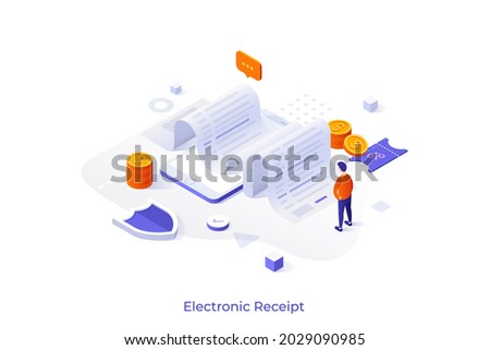 Conceptual template with man looking at paper invoice laying on smartphone. Scene for electronic receipt sent via online mobile application. Modern isometric vector illustration for webpage.