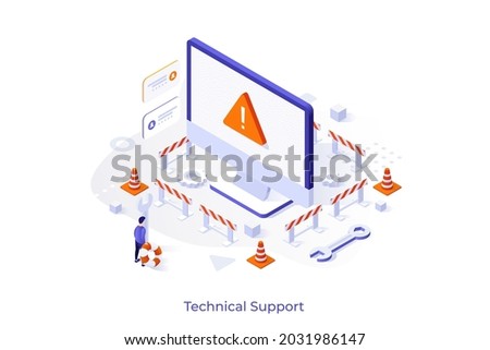 Conceptual template with man looking at computer with warning sign on screen surrounded by safety barriers. Scene for technical support, website maintenance services. Isometric vector illustration.