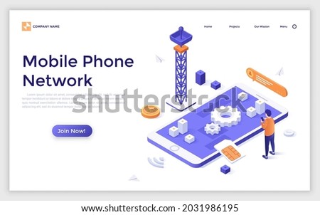 Landing page template with man standing in front of smartphone, radio tower and SIM card. Concept of mobile phone communication, cellular network. Modern isometric vector illustration for website.