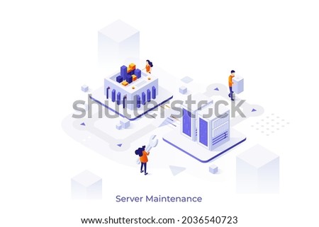 Conceptual template with people fixing computer hardware in data center. Scene for web server maintenance services, technical work. Modern colorful isometric vector illustration for website.