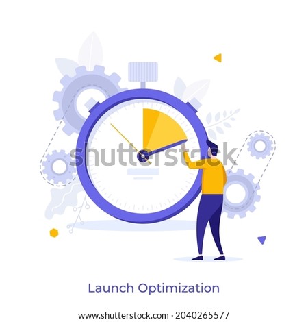 Person looking at stopwatch and counting seconds. Concept of marketing project launch optimization, perfect timing, time management for business. Modern flat vector illustration for banner, poster.