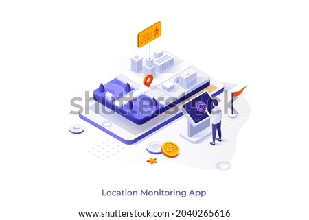 Conceptual template with man standing at control panel and smartphone with city map on screen. Scene for location monitoring app for mobile device. Modern isometric vector illustration for webpage.