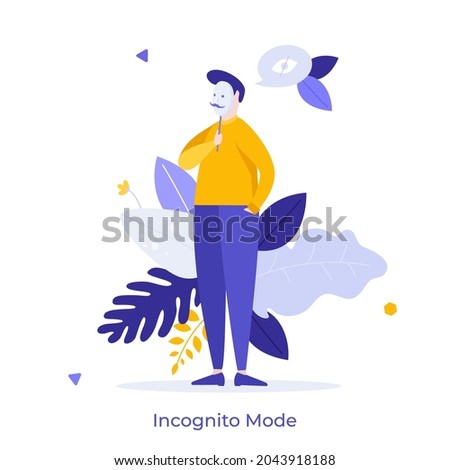 Unknown person covering its face with mask. Concept of incognito mode in Internet browser, anonymous online surfing or private browsing. Modern flat colorful vector illustration for banner, poster.