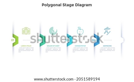 Four overlaying paper white cards with polygonal elements placed in horizontal row. Concept of 4 features of project management. Modern flat infographic design template. Minimal vector illustration.